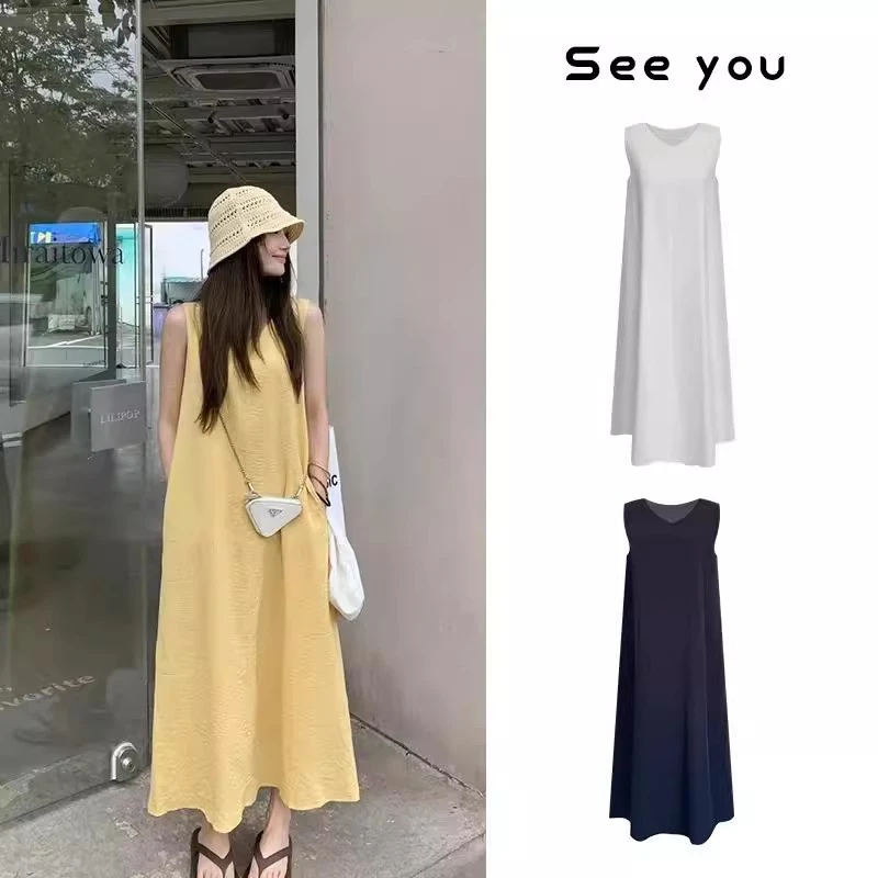 气质老钱风百搭透气白色无袖背心连衣裙女显瘦A字中长裙夏季