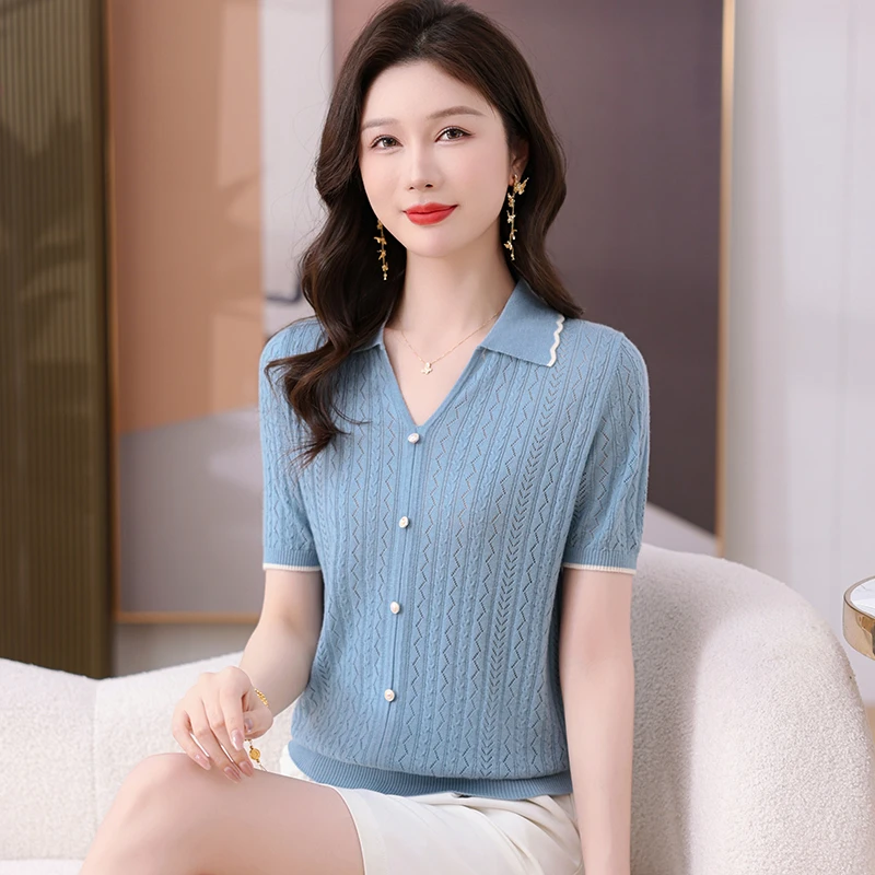 夏季新款天丝镂空翻领短袖宽松显瘦时尚百搭减龄薄款小衫9202