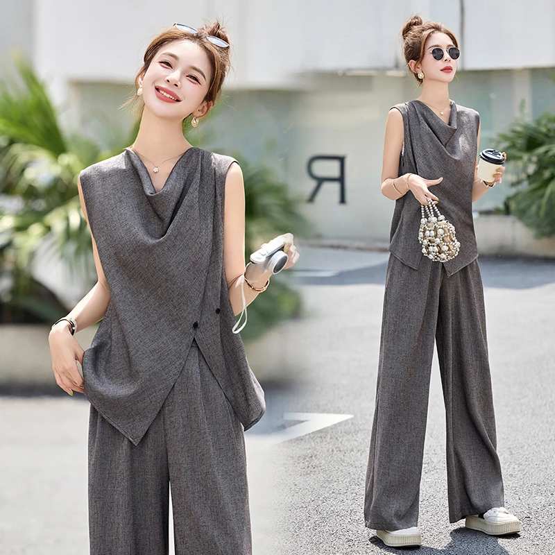 时尚套装2025阔腿裤气质裤子显瘦女无袖减龄夏季夏装洋气两件套