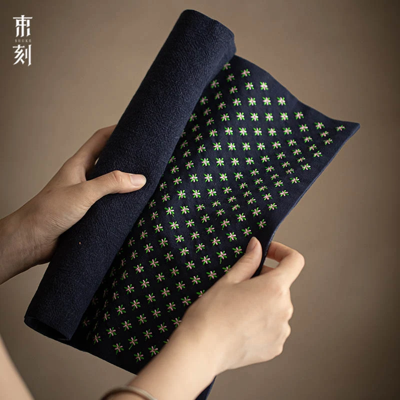 香云纱手工缝制碎花四方茶席藏蓝色麻布茶巾干泡茶席抹布杯垫子