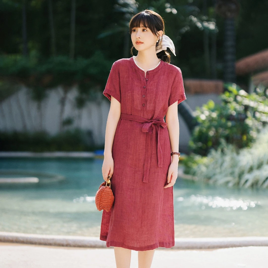 梭家｜石榴花开｜文艺复古夏季女深紫玫色亚麻短袖显瘦连衣裙宽松