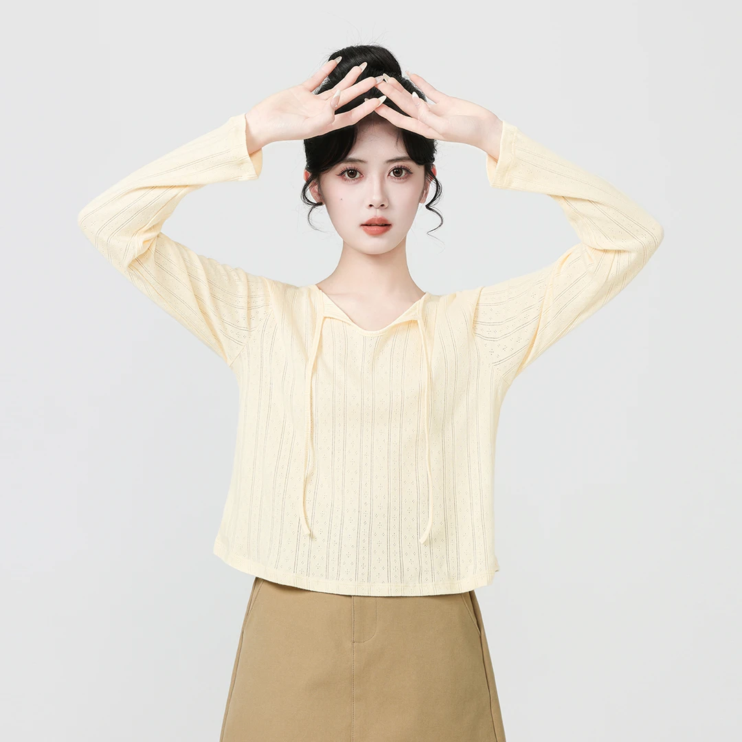 杏色绑带长袖T恤女春秋2025新款设计感显瘦打底衫小个子短款上衣