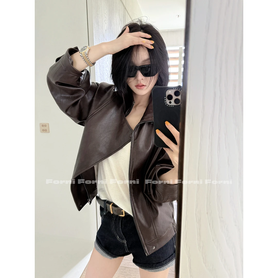 FORNI 90s黑胶vibe 丹雅风复古廓形机车PU蛋白皮夹克皮衣外套
