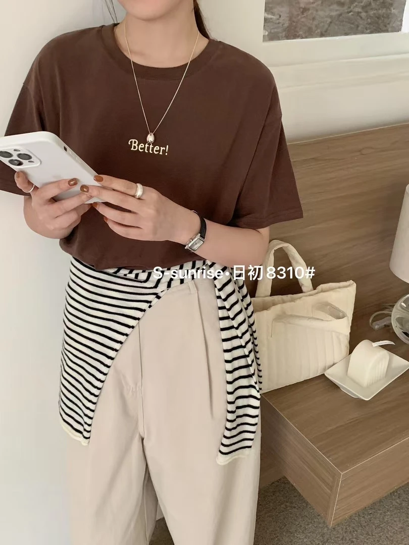 可可推荐~日初家磨毛百搭字母T恤上衣8310