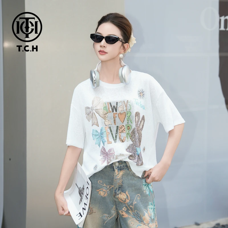 TCH私服烫钻工艺新时尚淑女百搭新潮流T恤女T75B10E5082轻奢tch