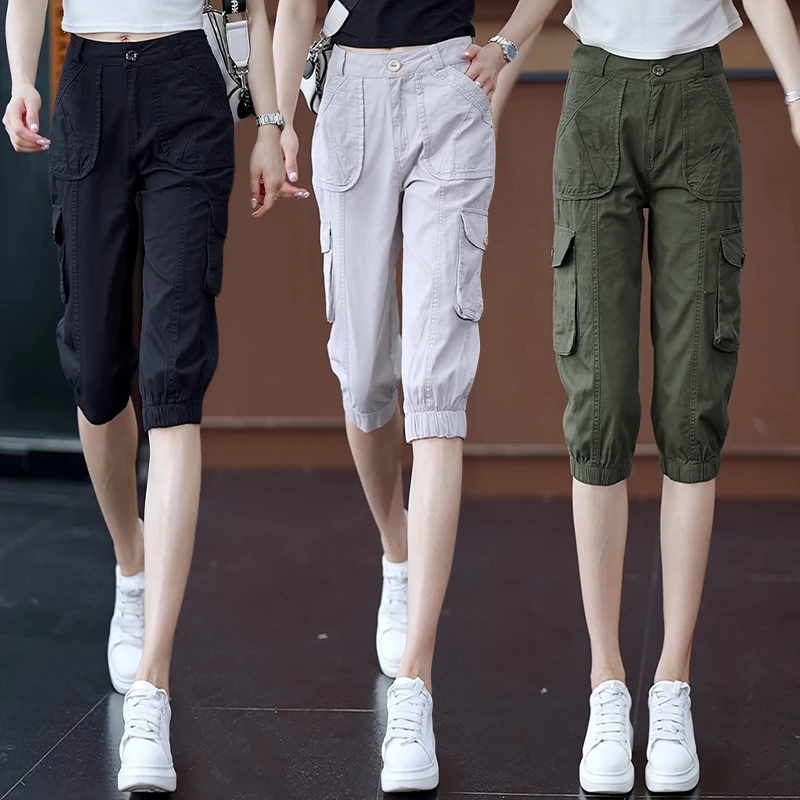 夏季新款时尚工装七分裤中裤女高腰显瘦休闲短裤百搭迷彩薄款裤子