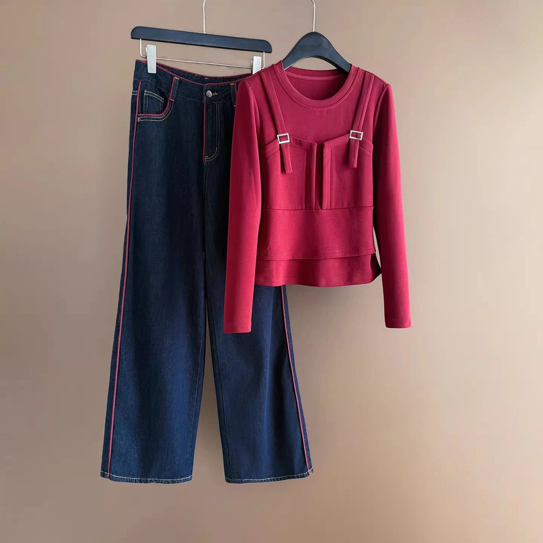 2026搭配一整套春装女设计感红色上衣阔腿牛仔裤时尚两件套女装