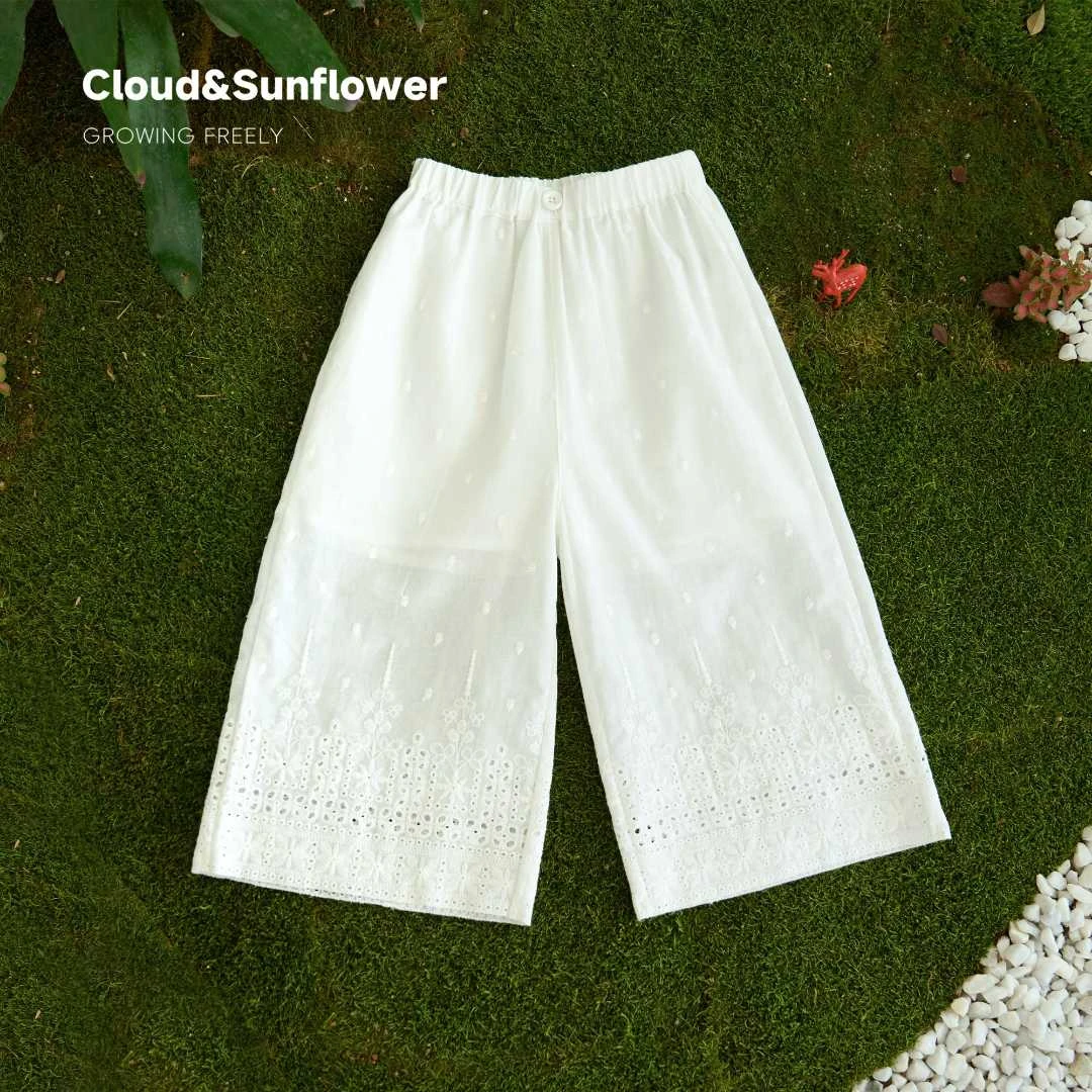 【云朵小葵】女童夏季薄款白色纯棉镂空透气百搭八分裤长裤1114196