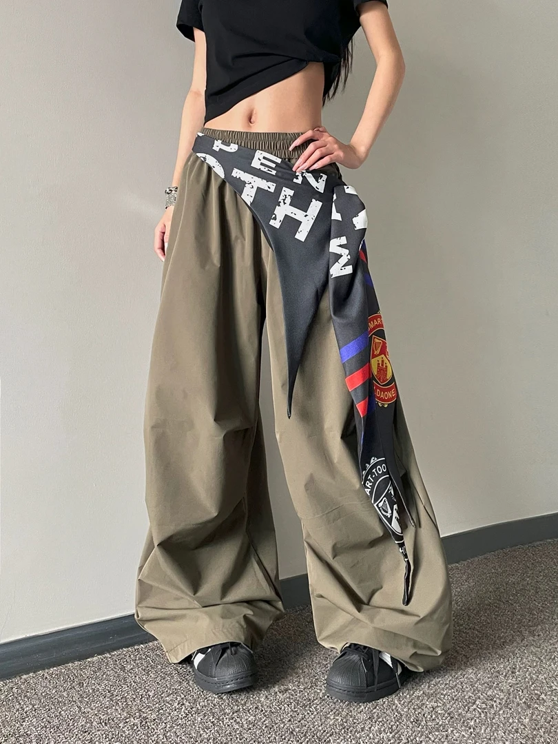 美式慵懒松弛感屁帘弯刀阔腿裤女夏季宽松嘻哈街舞薄款伞兵工装裤