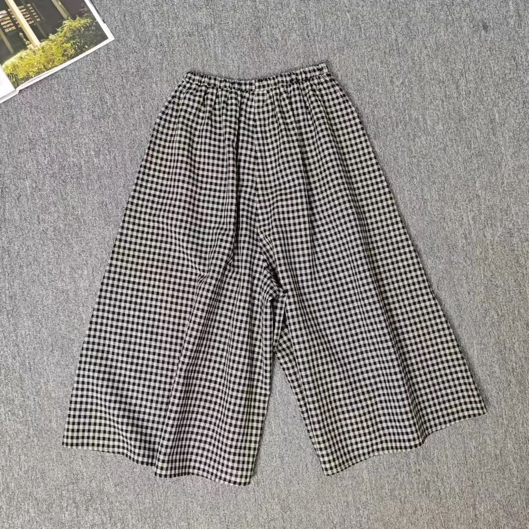 82883余小鱼【格调】浅卡其格子松紧腰舒适休闲百搭阔腿休闲裤女装