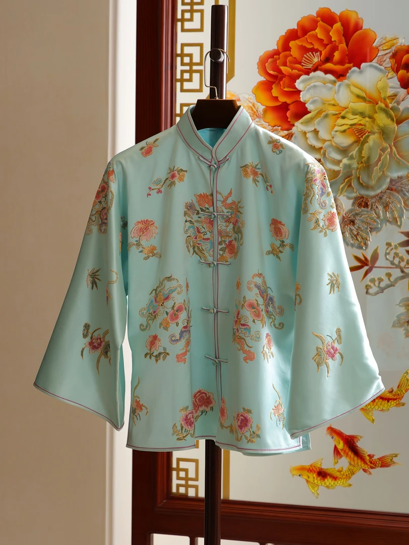 青色福气满满立领一字盘扣SX-TT-07