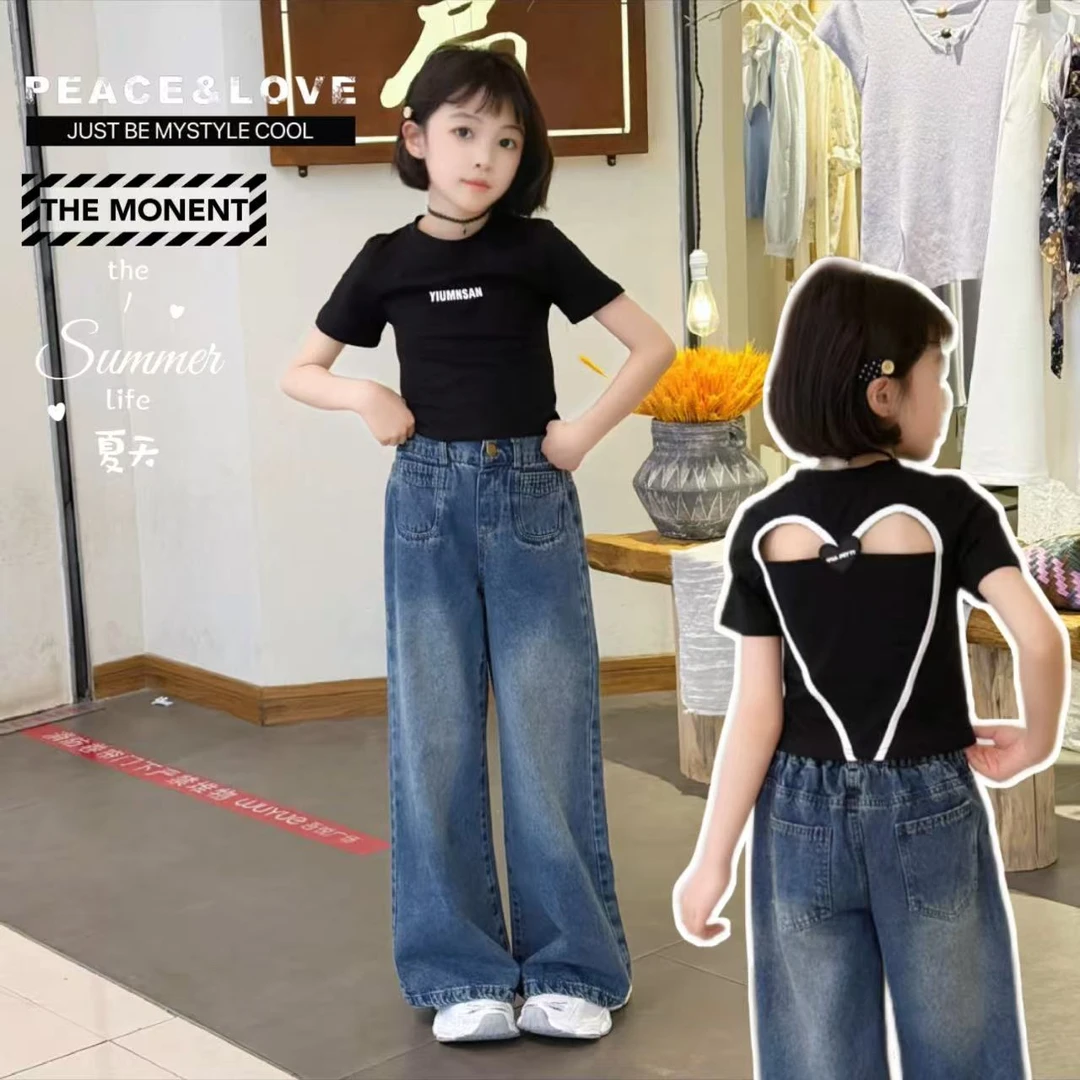 韩版夏季女童镂空爱心T恤洋气时尚阔腿牛仔薄款时尚百搭