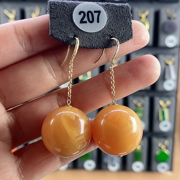 蜜蜡耳饰18K金镶嵌耳饰