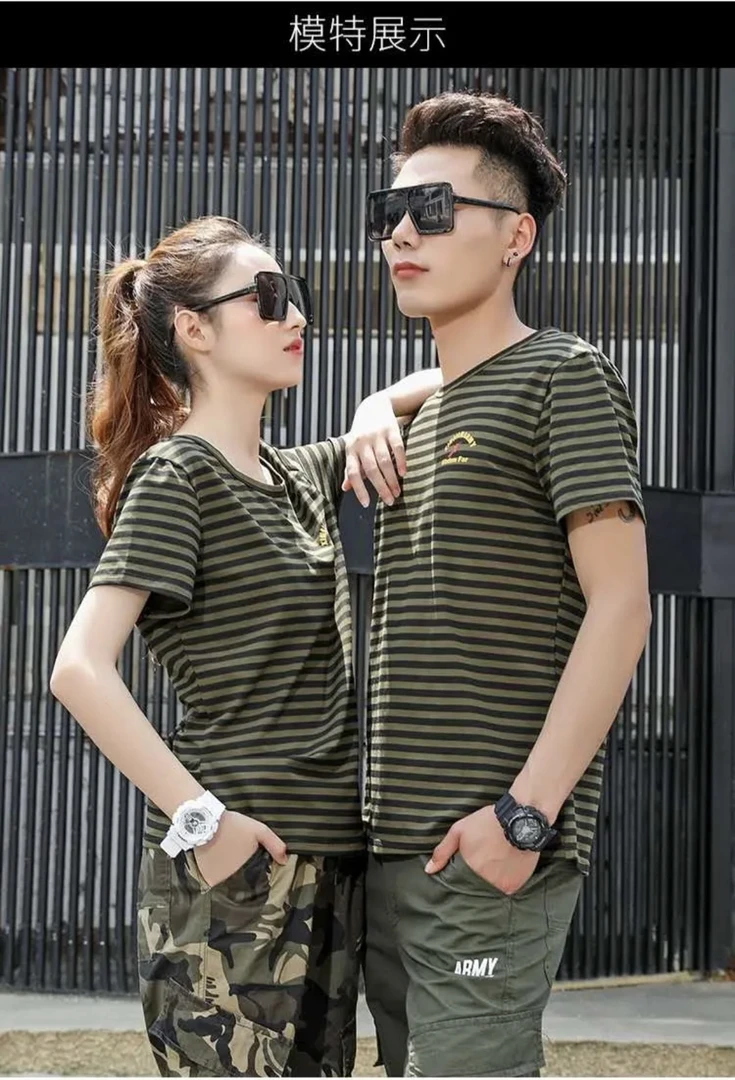 夏季条纹短袖圆领棉质透气时尚百搭男女同款