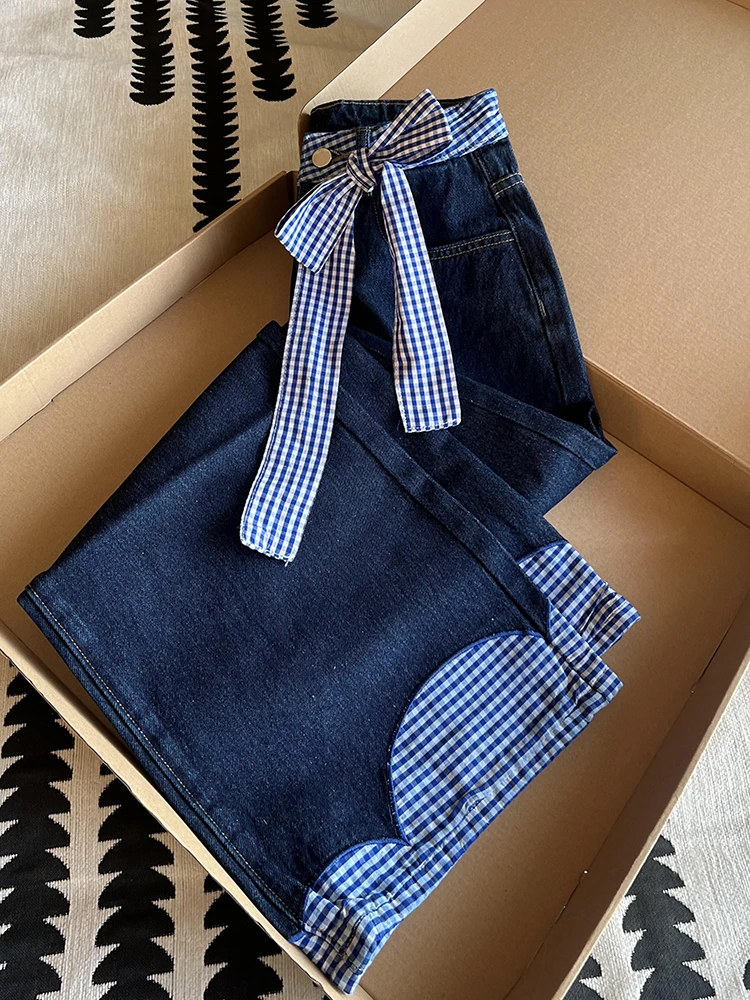 大码蓝格拼接蝴蝶结绑带牛仔裤女早春新款设计感宽松显瘦阔腿长裤