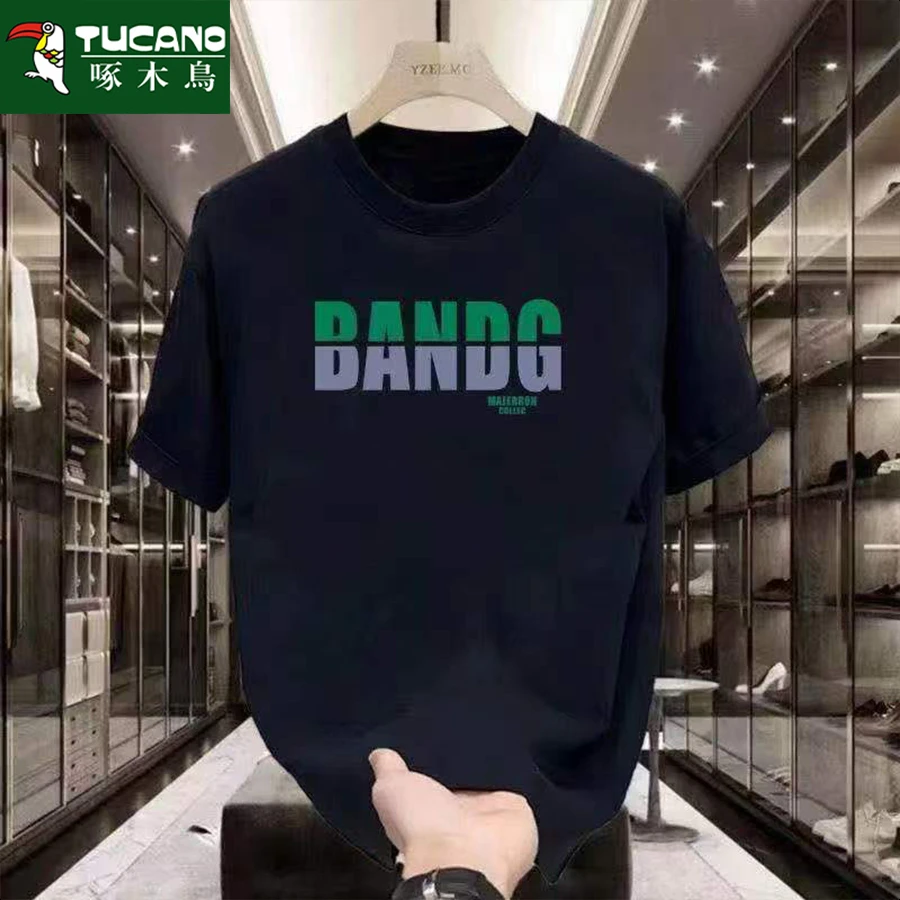 啄木鸟时尚重磅纯棉百搭短袖男装高端休闲t恤山水印花学生ins潮牌