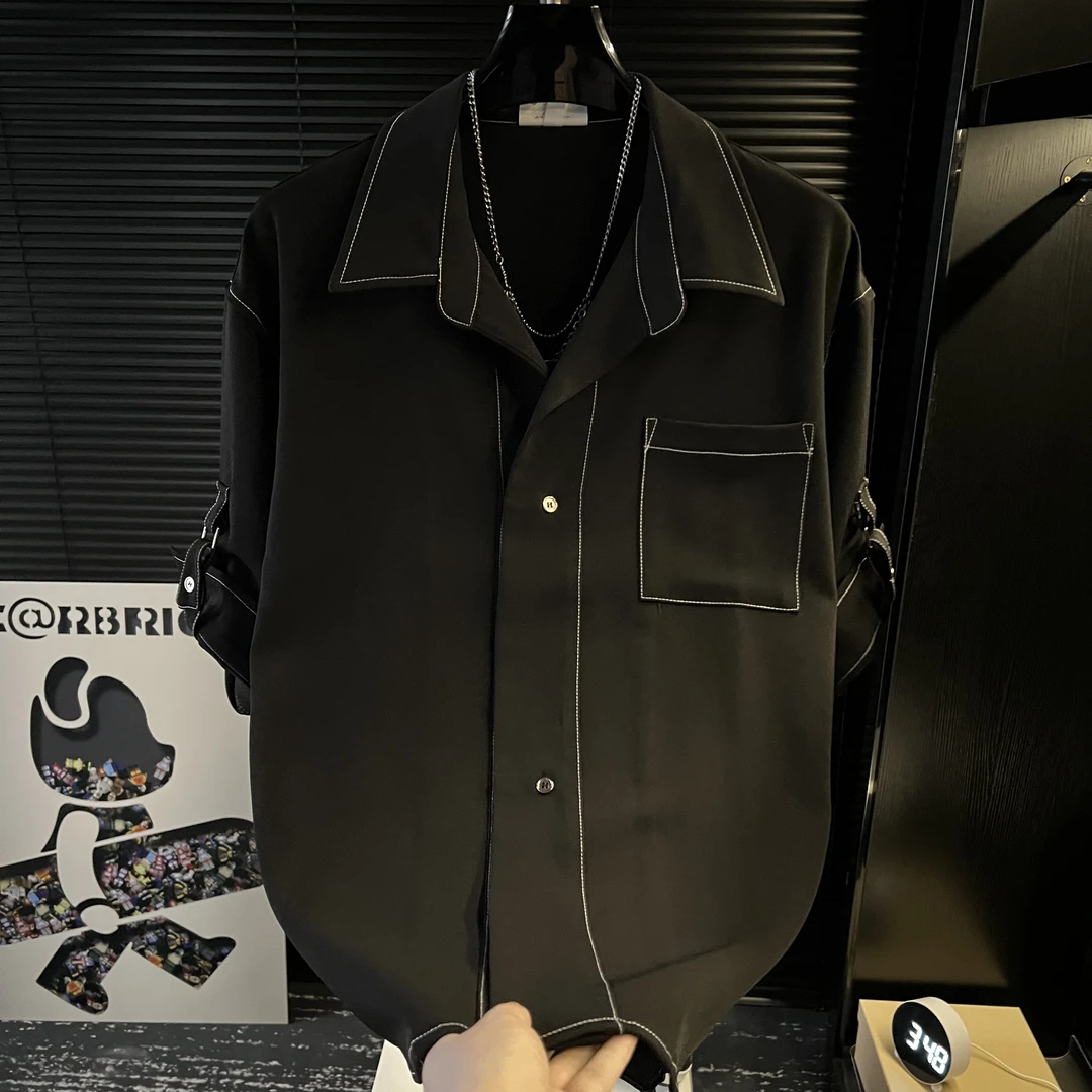 TQ-2025夏季新款高级感明线短袖衬衫男宽松百搭衬衣痞帅潮流上衣