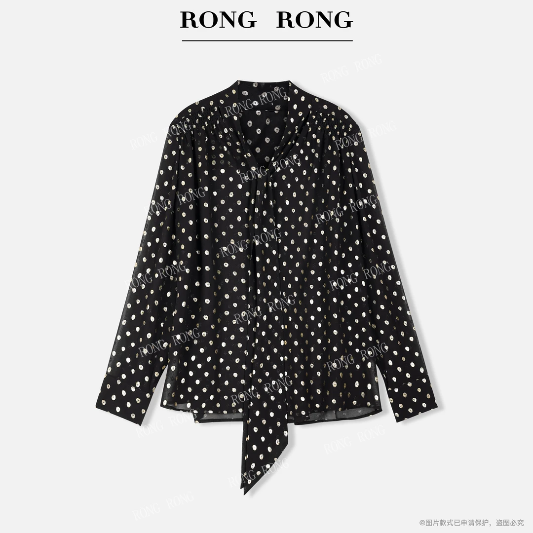 溶溶J【鎏金】RONGRONG 飘带领提花烫金波点法式雪纺衬衫ZGQ6C2733A