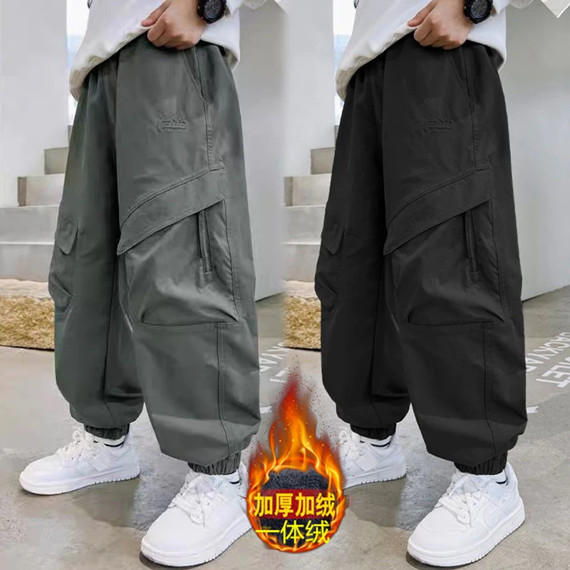 男童加绒裤子秋冬款2025新款秋装一体加厚秋季男孩炸街儿童工装裤