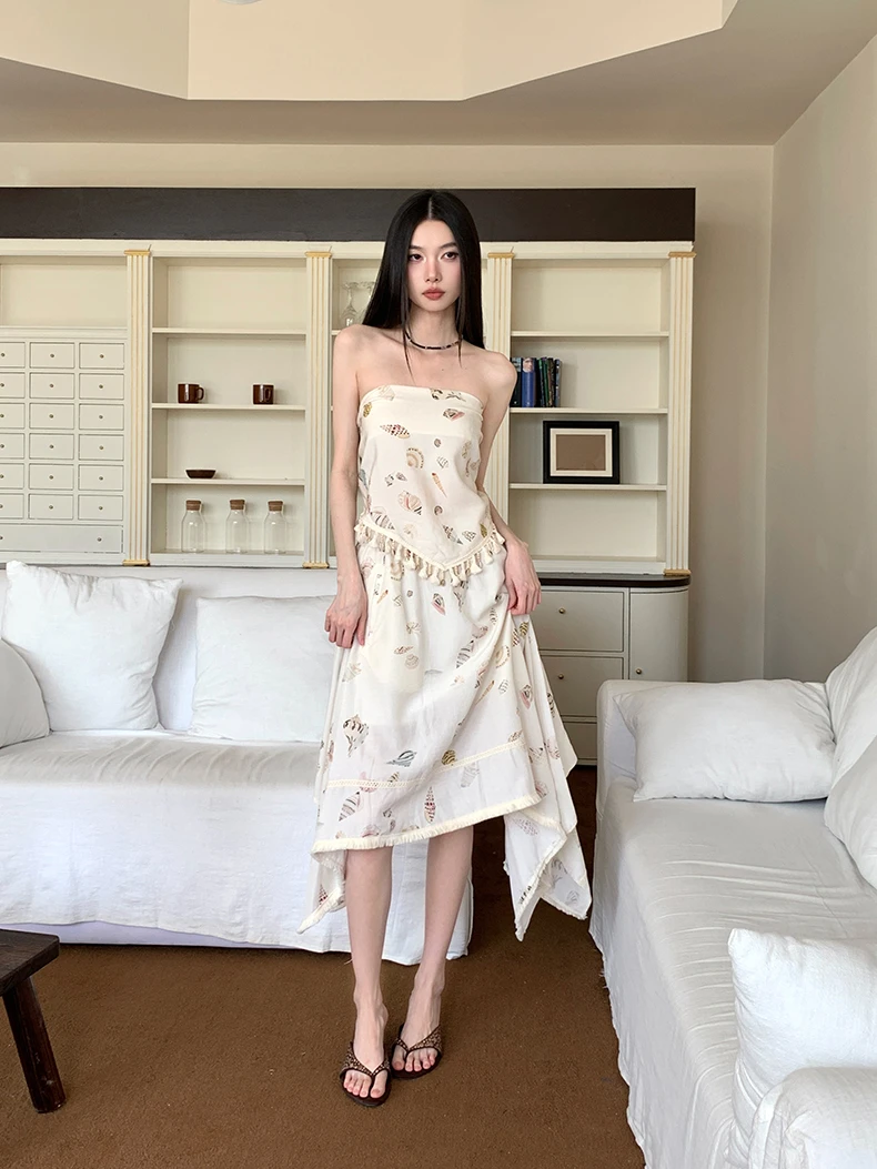 流苏边抹胸上衣2025夏季新款性感辣妹不规则裙摆半身裙洋气套装女