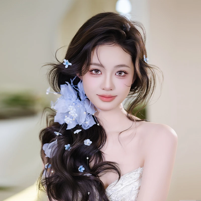 非金属布艺婚庆饰品 新娘结婚氛围感超仙气质蓝仿真花头饰MC2780