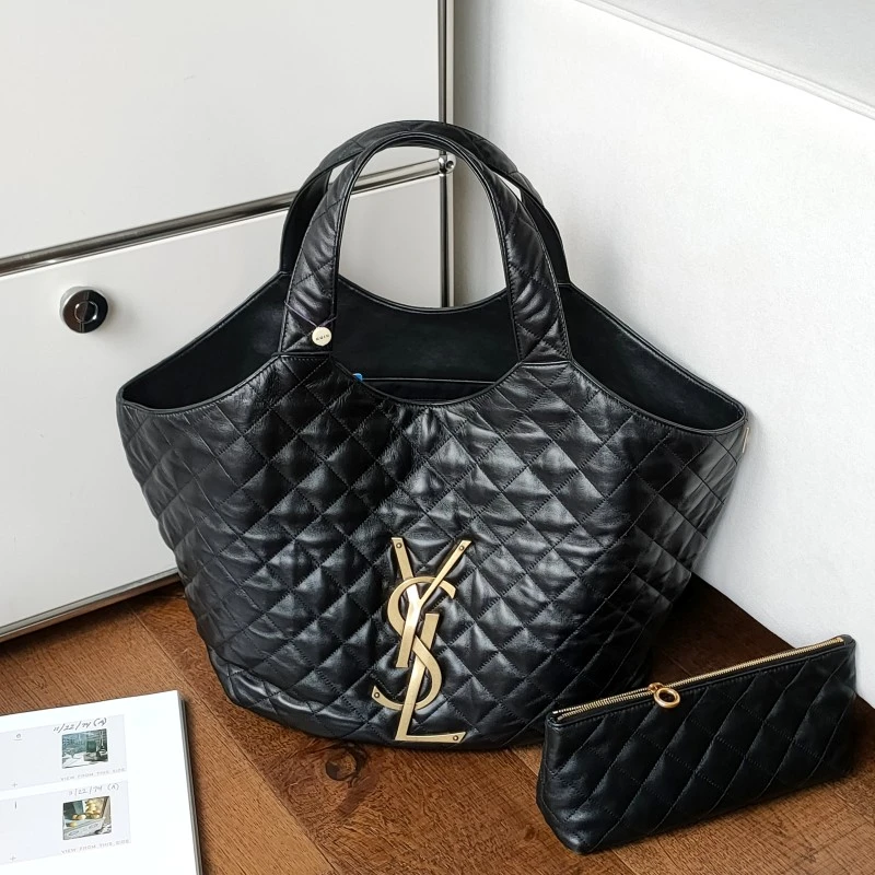 95新 YSL/圣罗兰 Azul-黑金羊皮icare Maxi托特包/50371