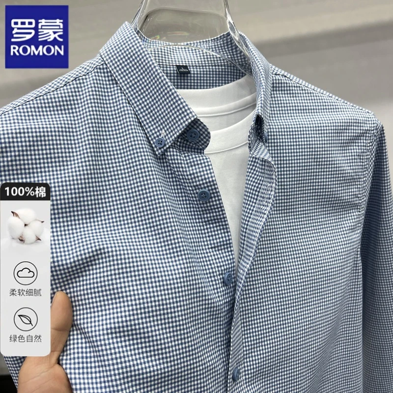 罗蒙100%纯棉长袖小格子衬衫男士百搭休闲薄款时尚透气舒适宽松衬