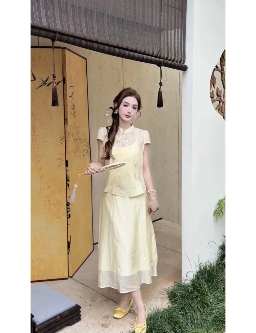 新中式重工刺绣衬衫上衣吊带连衣裙2025夏季洋气显瘦两件套裙