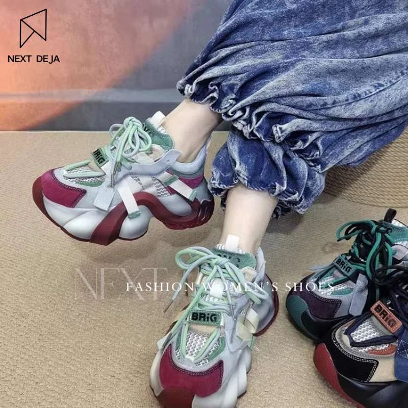 耐磨厚底老爹鞋女拼色透气网鞋2025春夏季新款运动休闲鞋高颜值