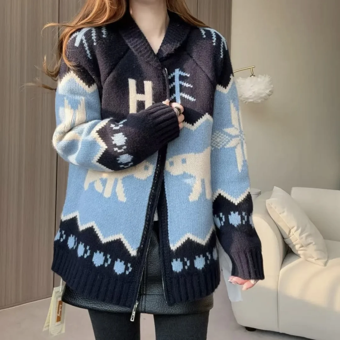 【冰岛北极熊】241667百分百山羊绒拉链款羊绒开衫慵懒复古穿搭