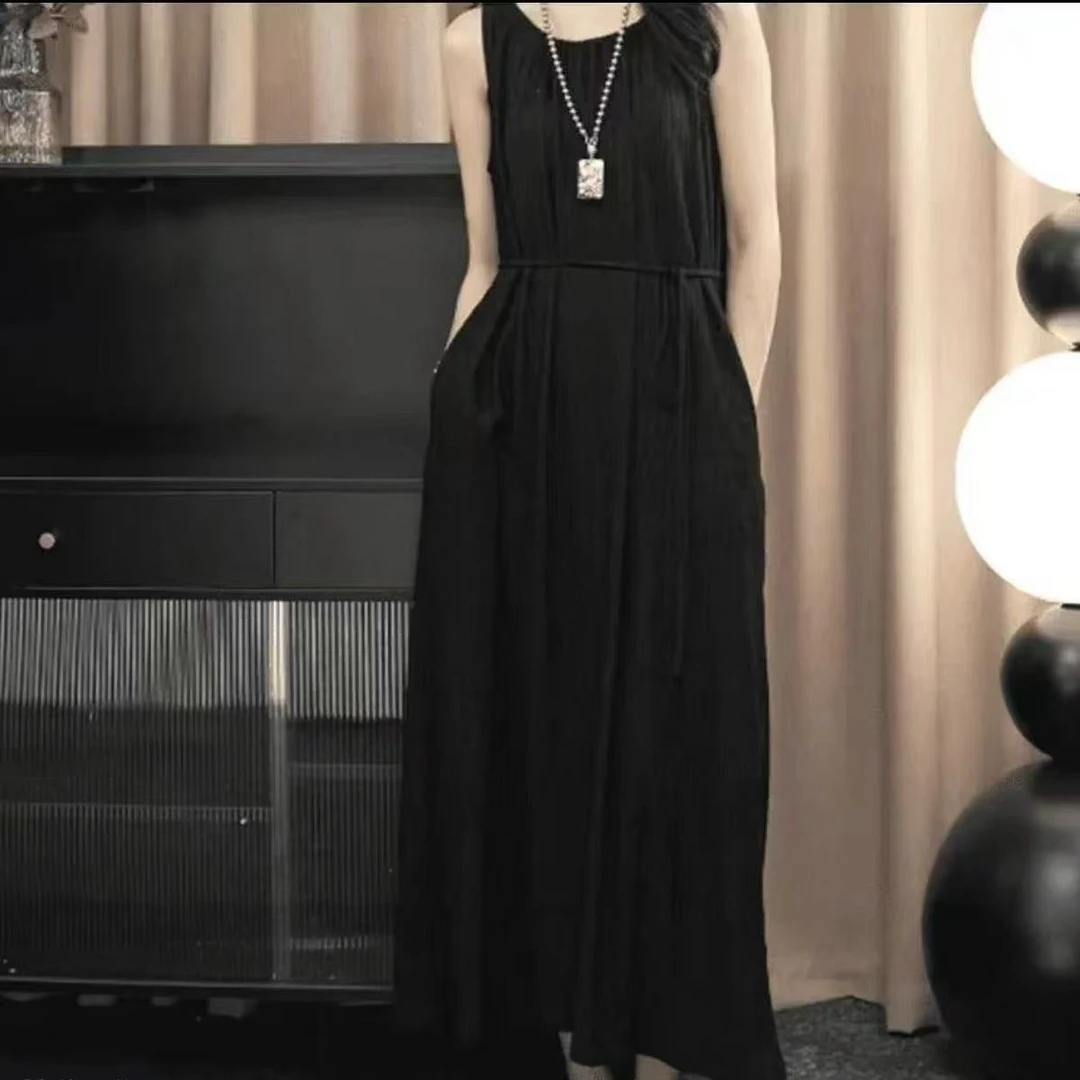 法式连衣裙女时尚复古简约无袖百搭宽松气质连衣裙有腰带