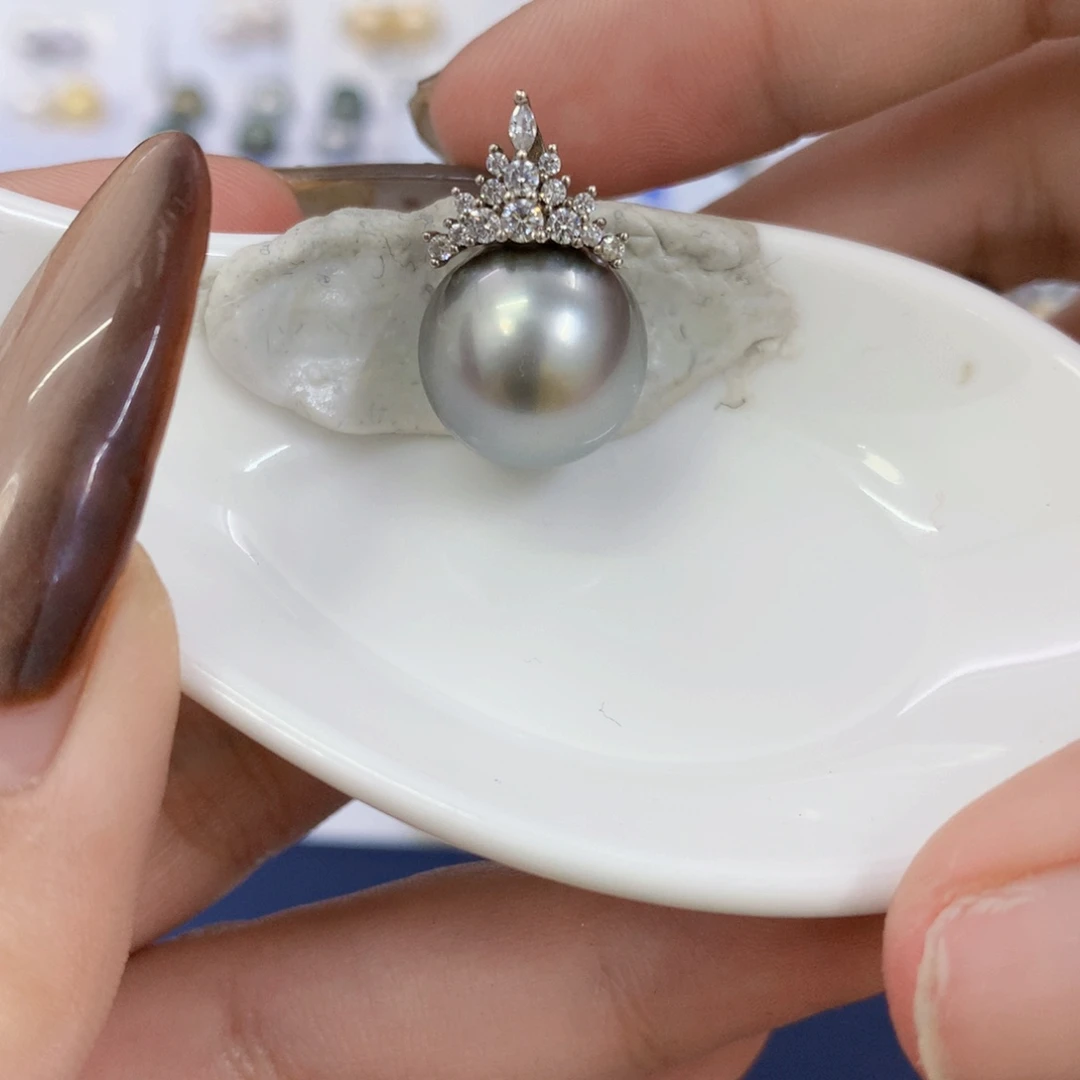 定制海水珍珠未镶嵌裸珠铂金灰冰雪女王吊坠13-14mm