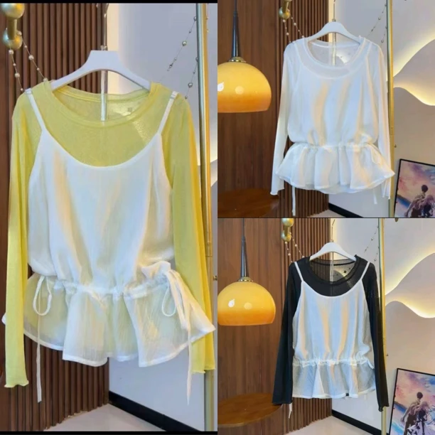 洋气夏季韩版显瘦防晒衫抽绳吊带时尚两件套打底衫