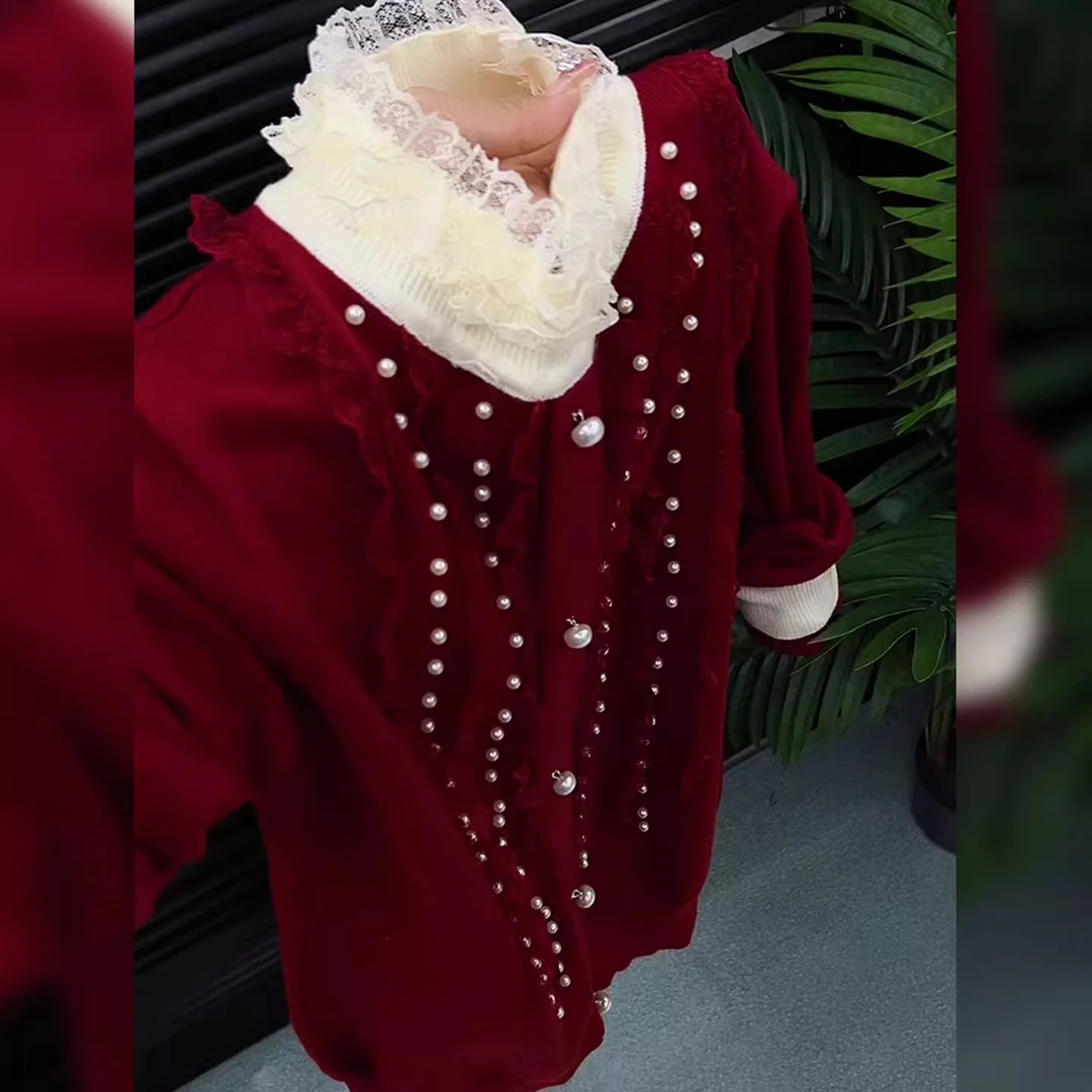 重工气质蕾丝拼接洋气毛衣女2025秋冬大码高级显瘦钉珠别致针织衫
