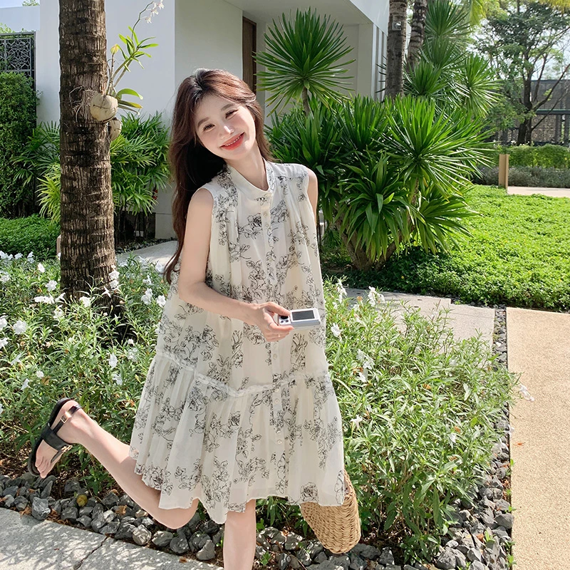 水墨画国风连衣裙女2025夏季新款时尚小个子收腰a字裙碎花娃娃裙
