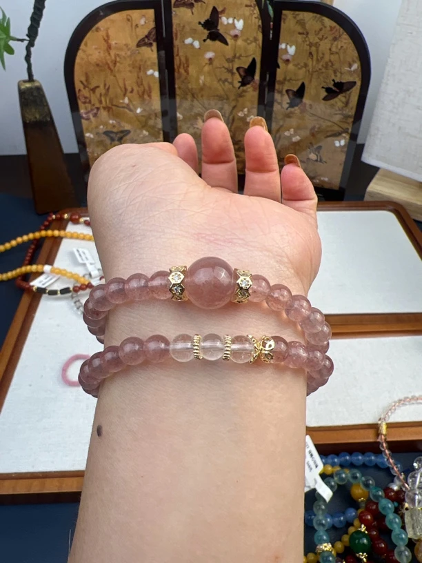 1076草莓晶➕白水晶双圈手串