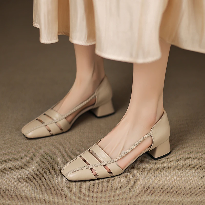 4cm 夏季新款真皮方头中跟女凉鞋子法式复古浅口粗跟秋季女单鞋春