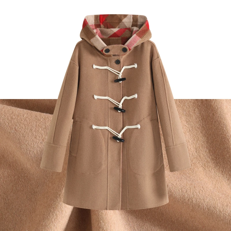 【赵露思同款】羊毛大衣女2025秋季新款牛角扣小个子毛呢格子纹外套