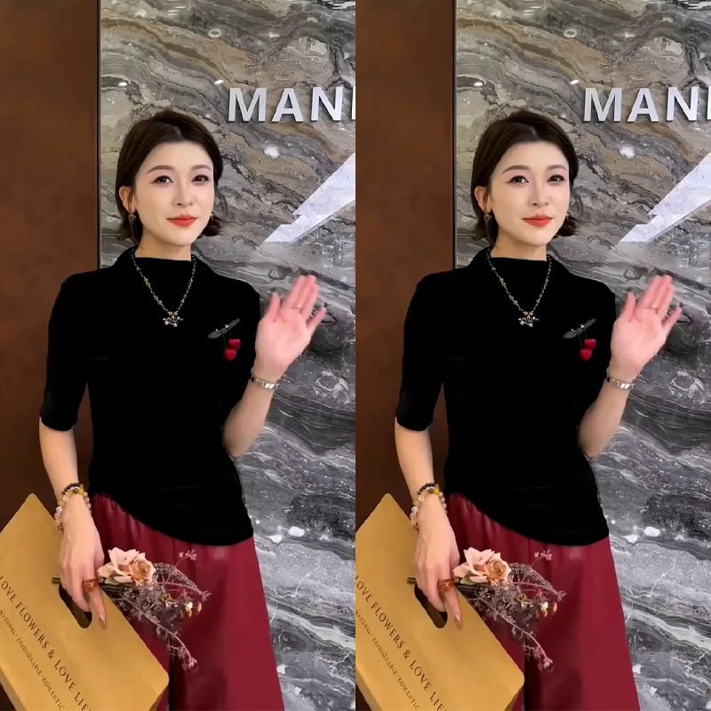 半领领黑色短袖修身上衣法式丝绒小衫时尚气质花朵点缀T恤上衣