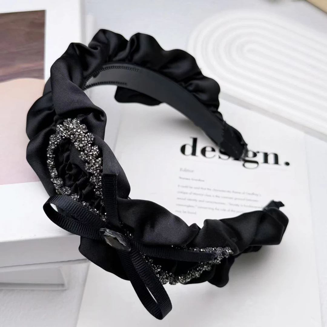 KQE/韩系甜美蝴蝶结水晶发箍高级缎面时尚百搭气质增高颅顶头箍
