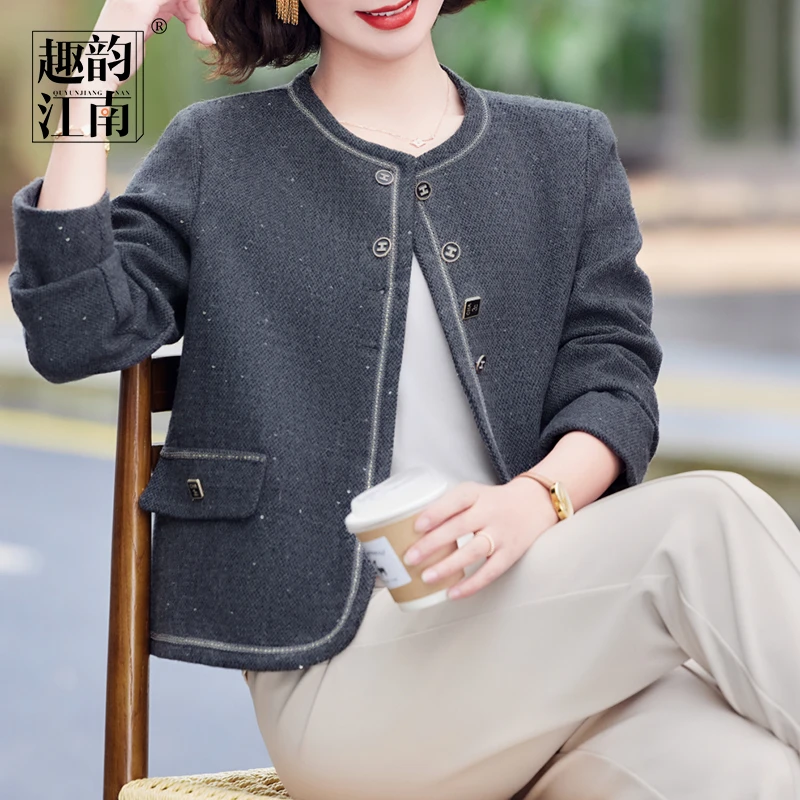 趣韵江南妈妈装穿着小香风外套中老女洋气高贵小个子短款上衣