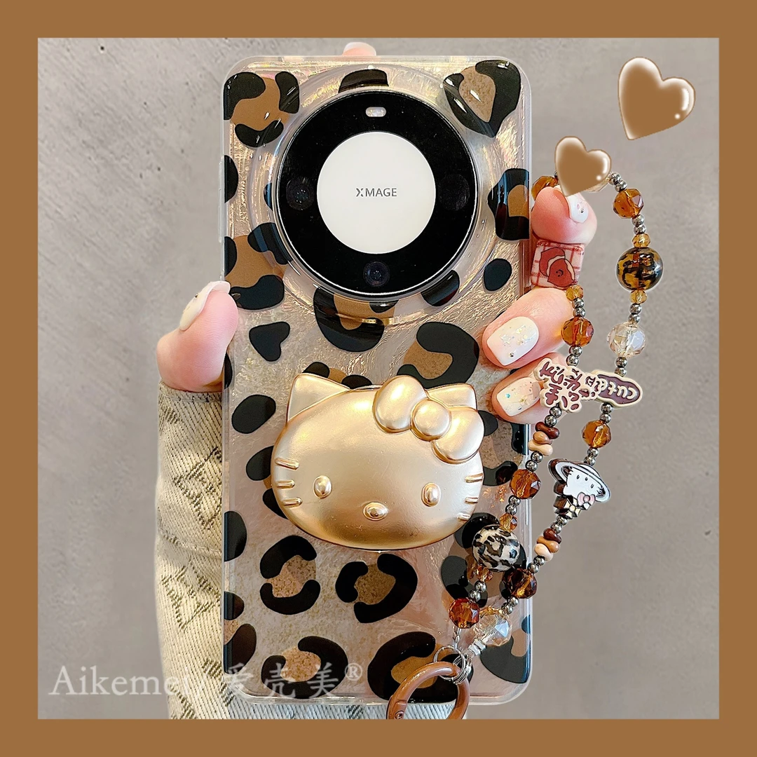 适用华为mate70pro+手机壳棕色豹纹Mate60pro+锡纸纹金色kt猫支架