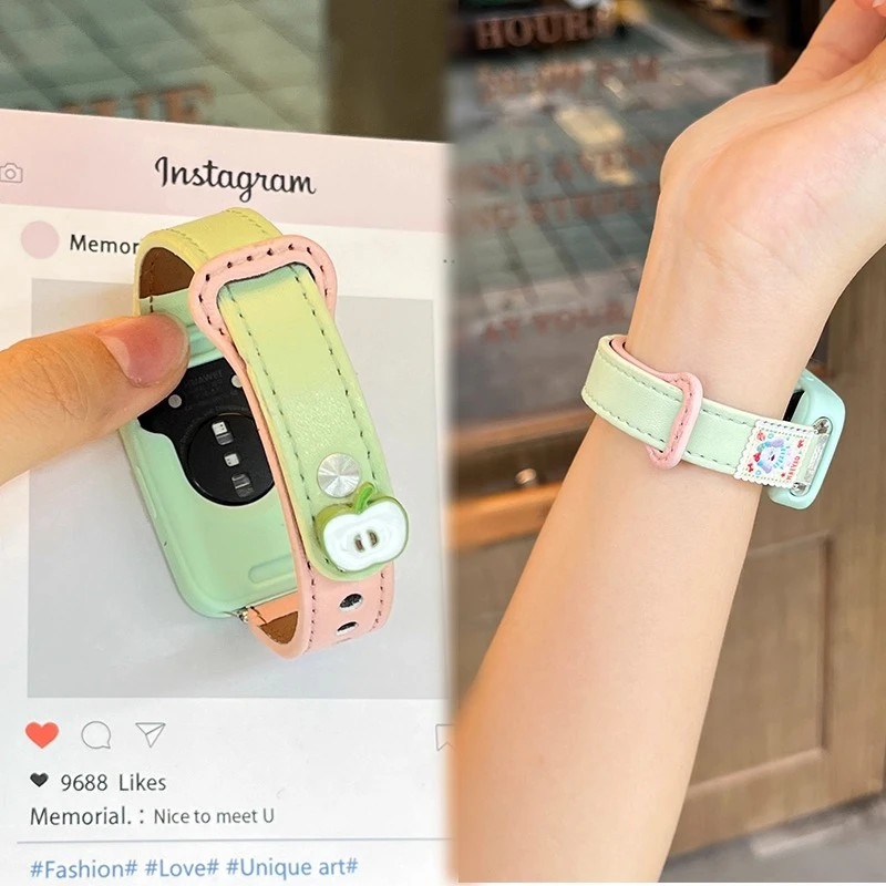 适用于华为手环10表带9青苹果扣7皮质荣耀8/9女款夏天女款替换带