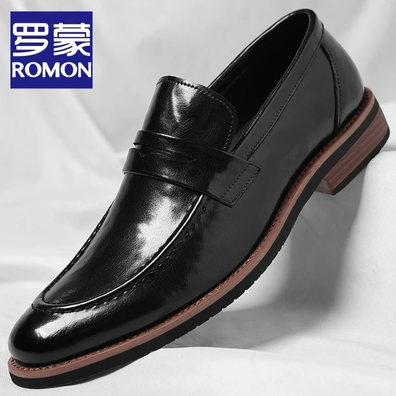 Romon/罗蒙2025夏季新款商务正装皮鞋男透气尖头大码英伦新郎婚鞋