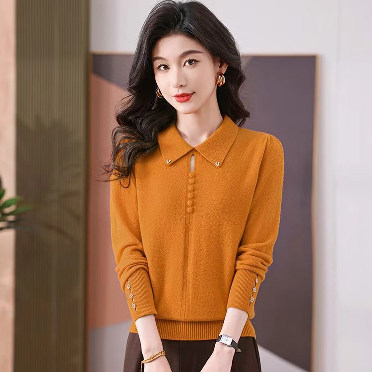高档针织衫女款套头宽松显瘦时尚娃娃领打底毛衣纯色百搭针织上衣