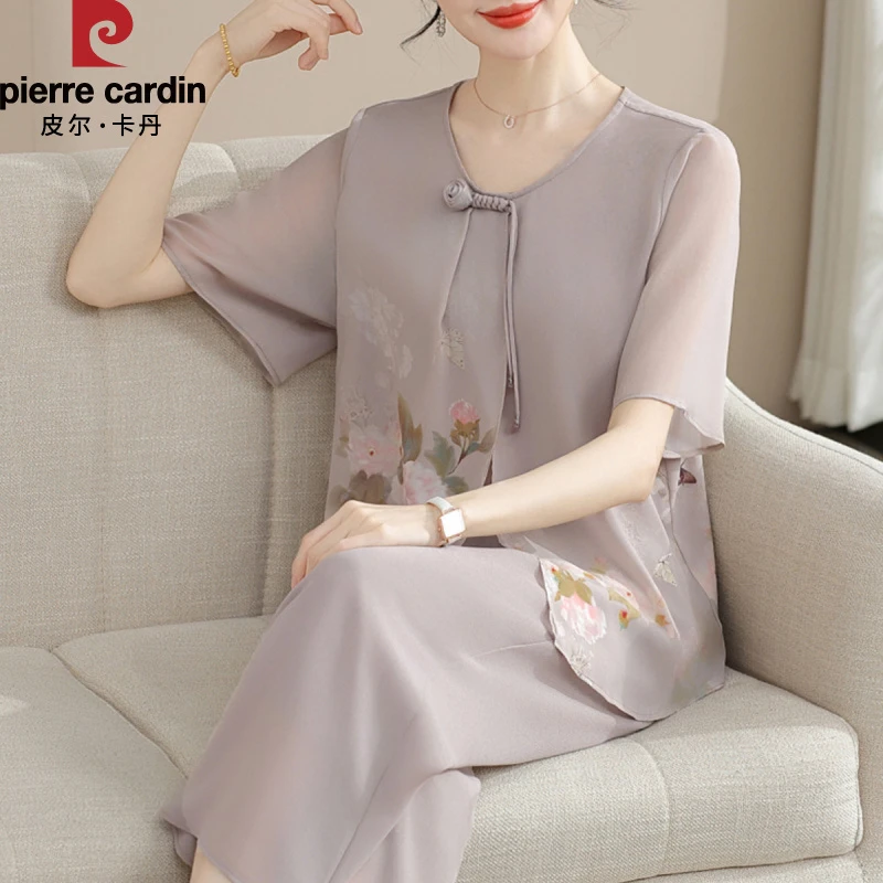 皮尔卡丹新中式妈妈夏季雪纺套装中老年妇女洋气上衣服中年人夏季