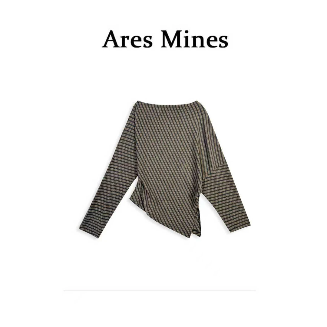 【盛朗熙AresMines】雅典斜影 法式拼色条纹不规则斜肩蝙蝠袖上衣