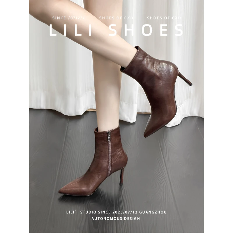 真皮短靴2025年秋冬季新款尖头细跟高跟侧拉链瘦瘦靴气质短筒裸靴