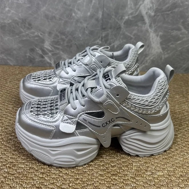 夏季女鞋5厘米厚底镂空真皮老爹鞋透气运动休闲鞋子中跟系带单鞋