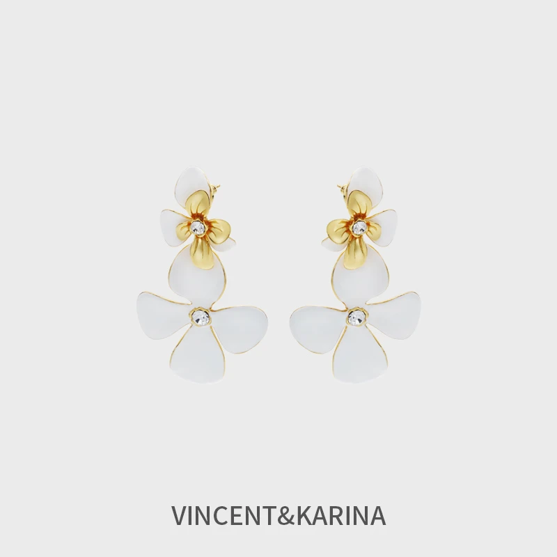 VINCENT&KARINA 铜合金耳饰 【燕影】小飞燕白色低温珐琅无耳洞耳环